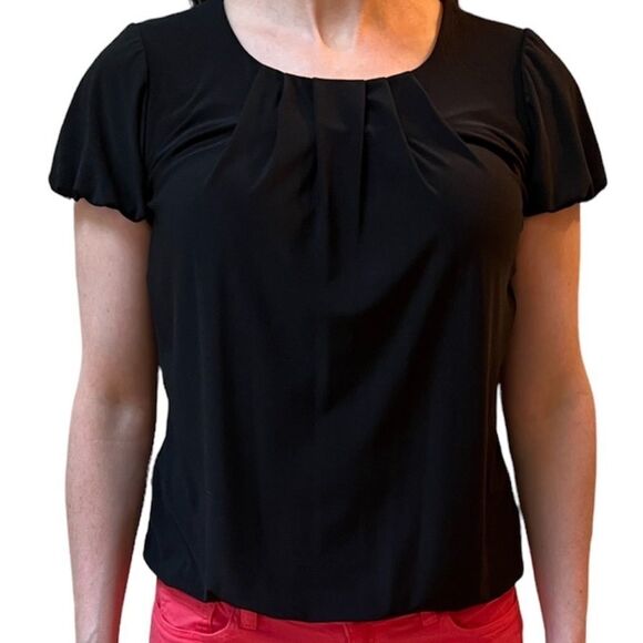 WHBM Black Crew Neck Pleated Blouse - Picture 2 of 12